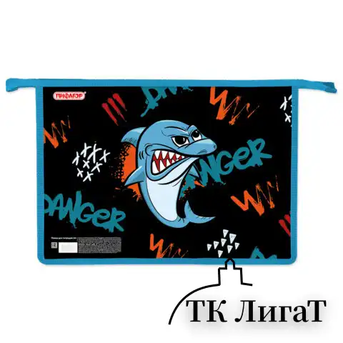 Папка для тетрадей ПИФАГОР А4, 1 отделение, картон/пластик, на молнии, "Angry shark", 272129