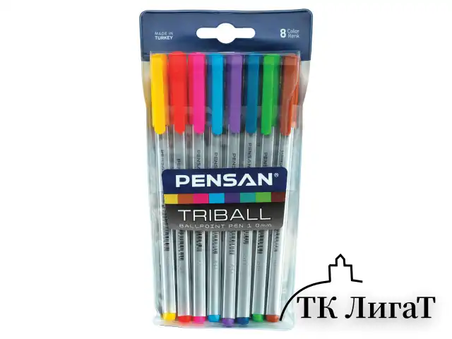 Ручки шариковые масляные PENSAN "Triball Colored", НАБОР 8 шт., АССОРТИ, узел 1 мм, линия письма 0,5 мм, 1003/PVC8