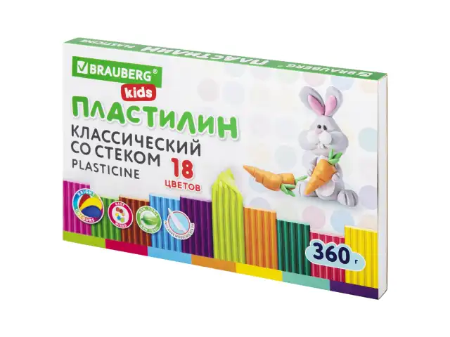 Пластилин классический BRAUBERG KIDS, 18 цветов, 360 г, со стеком, 106510