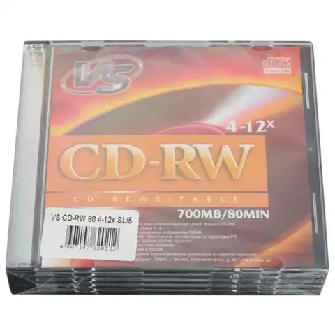 Диски CD-RW VS 700 Mb, 4-12x, Slim Case, КОМПЛЕКТ 5 шт., VSCDRWSL501