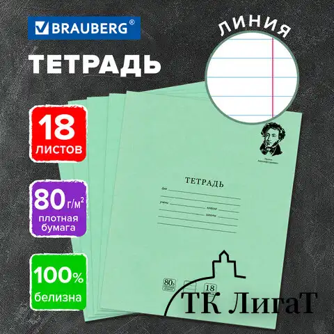 Тетрадь BRAUBERG ВЕЛИКИЕ ИМЕНА 18л. линия, плотная бумага 80г/м2, обложка тонированный офсет, 106979