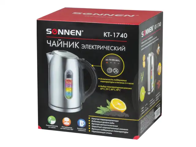 Чайник SONNEN KT-1740, 1,7 л, 2200 Вт, закрытый нагревательный элемент, терморегулятор, нержавеющая сталь, 453421