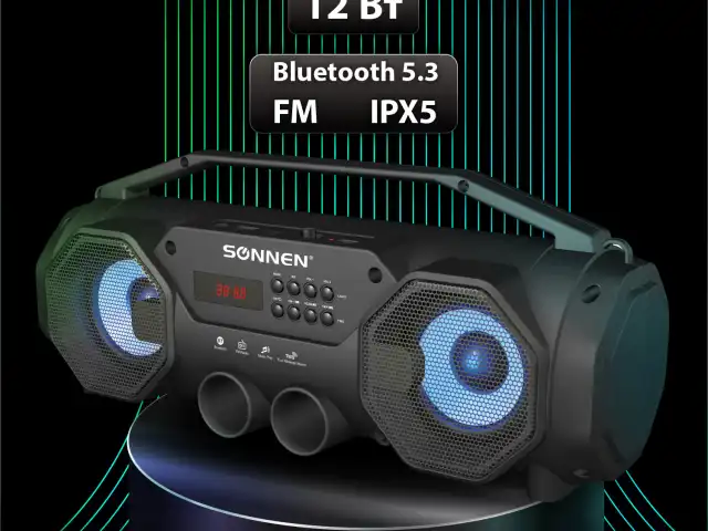 Колонка портативная с подсветкой SONNEN B306, 12 Вт, Bluetooth, FM-тюнер, microSD, MP3-плеер, черная, 513479