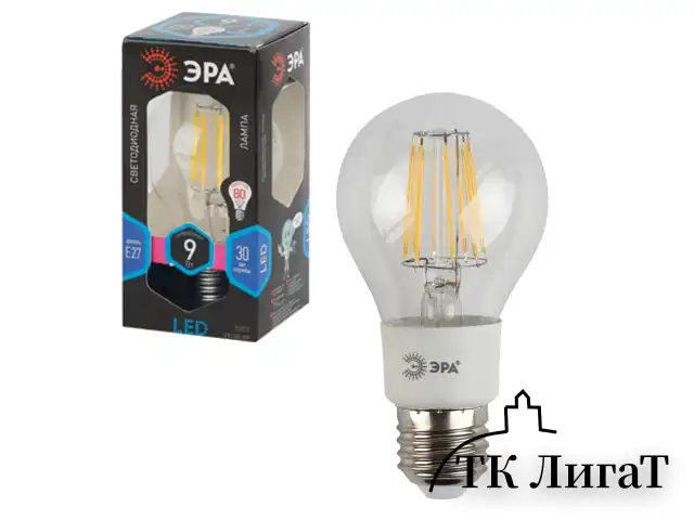 Лампа светодиодная филаментная ЭРА, 9 (80) Вт, цоколь E27, грушевидная, холодный белый свет, 30000 ч., F-LED А60-9w-840-E27