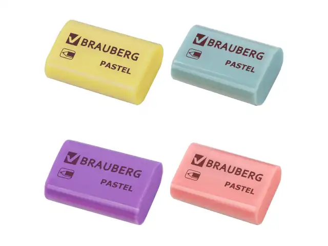 Ластик BRAUBERG "Pastel", 37х24х11мм, ассорти пастельных цветов, экологичный ПВХ, 229582