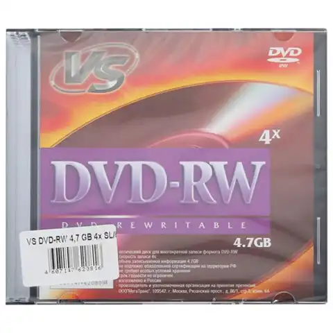 Диски DVD-RW VS 4,7 Gb, 4x, Slim Case, КОМПЛЕКТ 5 шт., VSDVDRB5001, VSDVDRWSL501