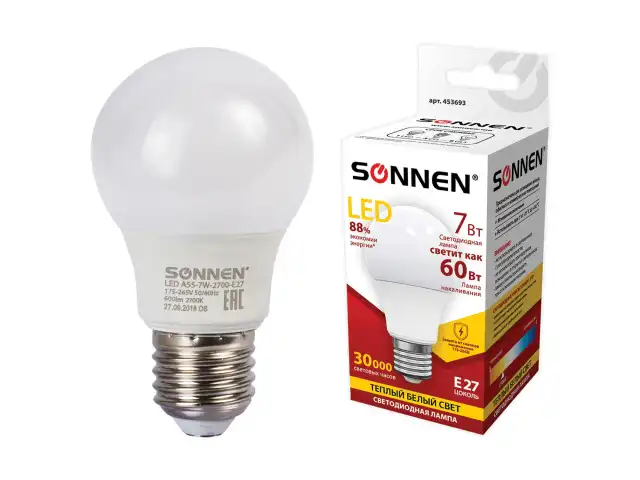 Лампа светодиодная SONNEN, 7 (60) Вт, цоколь E27, грушевидная, теплый белый свет, 30000 ч, LED A55-7W-2700-E27, 453693