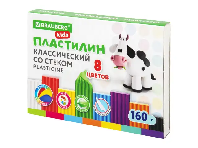 Пластилин классический BRAUBERG KIDS, 8 цветов, 160 г, со стеком, 106501