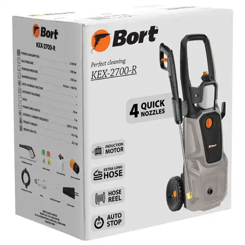 Минимойка BORT KEX-2700-R, мощность 2,5 кВт, давление 190 бар, шланг 10 м, 93416145