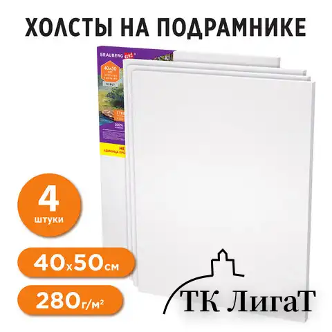 Холсты на подрамнике в коробе НАБОР 4 шт. (40х50 см), 280 г/м2, грунт, 100% хлопок, BRAUBERG ART DEBUT, 192512