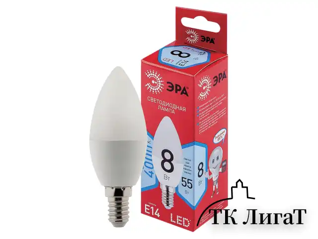 Лампа светодиодная ЭРА, 8(55)Вт, цоколь Е14, свеча, нейтральный белый, 25000 ч, LED B35-8W-4000-E14, Б0050200