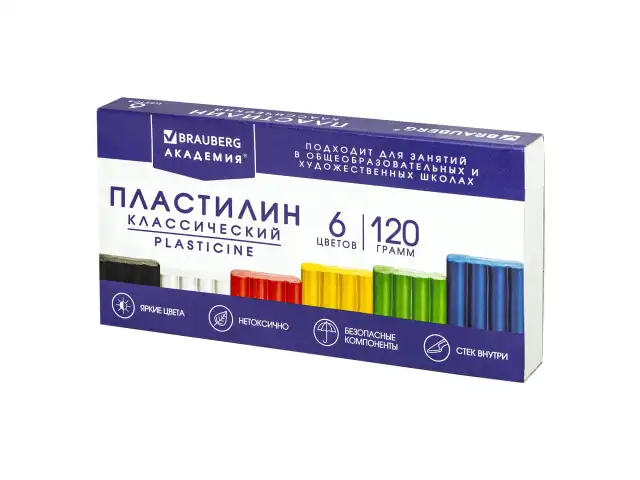 Пластилин классический BRAUBERG "АКАДЕМИЯ ХИТ", 6 цветов, 120 г, стек, ВЫСШЕЕ КАЧЕСТВО, 106440