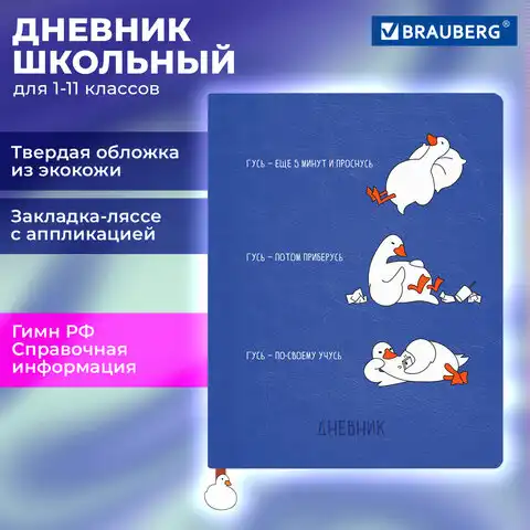 Дневник 1-11 класс 48л, кожзам (тв. с порол.), печать, ляссе с аппликацией, BRAUBERG, Гуси, 107233