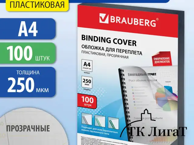 Обложки пластиковые для переплета, А4, КОМПЛЕКТ 100 шт., 250 мкм, прозрачные, BRAUBERG, 532162