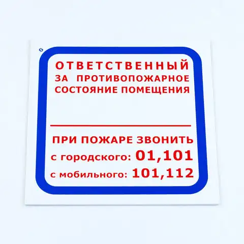 Знак "Ответственный за противопожарное состояние помещения/При пожаре звонить..", 200*200*2 мм, пластик, F16