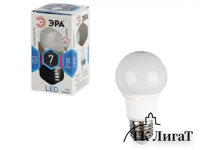 Лампа светодиодная ЭРА, 7 (60) Вт, цоколь E27, грушевидная, холодный белый свет, 30000 ч., LED smdA55/A60-7w-840-E27