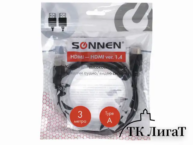 Кабель HDMI AM-AM, 3 м, SONNEN, ver1.4, FullHD, 4К, для ноутбука, компьютера, ТВ-приставки, монитора, телевизора, проектора, черный, 513121