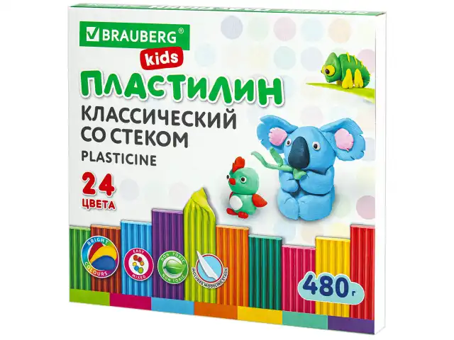 Пластилин классический BRAUBERG KIDS, 24 цвета, 480 грамм, стек, ВЫСШЕЕ КАЧЕСТВО, 106437