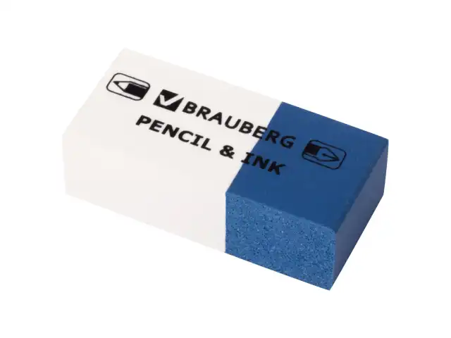 Ластик BRAUBERG "PENCIL & INK", 39х18х12 мм, для ручки и карандаша, бело-синий, 229578