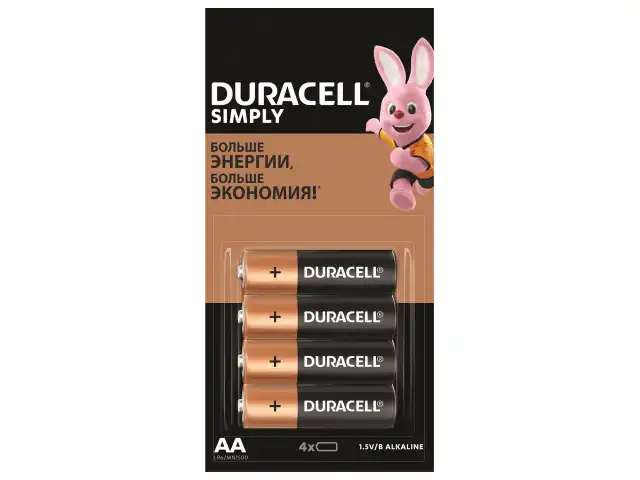 Батарейки КОМПЛЕКТ 4 шт. (отрывной блок), DURACELL Simply, AA (LR06, 15А), алкалиновые, пальчиковые, 5009139