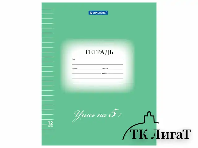 Тетрадь 12 л. BRAUBERG ЭКО "5-КА", линия, обложка плотная мелованная бумага, ЗЕЛЕНАЯ, 104763