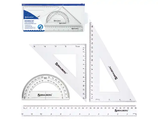 Набор чертежный большой BRAUBERG (линейка 30 см, 2 угольника, транспортир), конверт на молнии, подвес, 210308