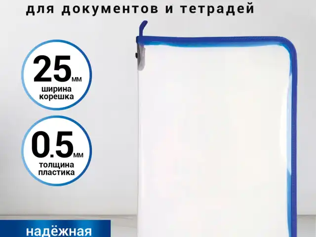 Папка для документов и тетрадей на молнии пластиковая BRAUBERG А4, 320х230 мм, прозрачная, 271713