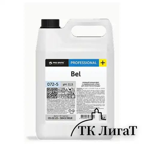 Средство для мытья посуды, 5 л, PRO-BRITE BEL, с хлором, отбеливание, концентрат, 072-5