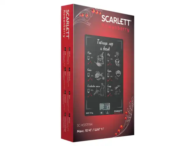 Весы кухонные SCARLETT SC-KS57P64, электронный дисплей, max вес 10 кг, тарокомпенсация, стекло