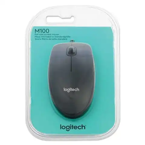 Мышь проводная LOGITECH M100, USB, 2 кнопки + 1 колесо-кнопка, оптическая, черно-серая