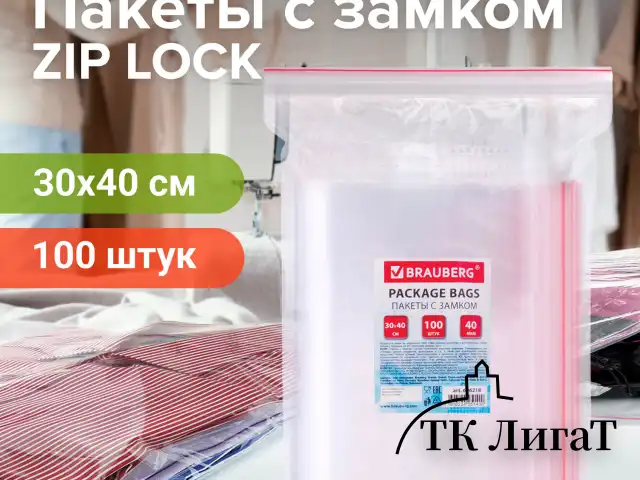 Пакеты с замком ZIP LOCK "зиплок", комплект 100 шт., 300х400 мм, ПВД, толщина 40 микрон, BRAUBERG, 606218