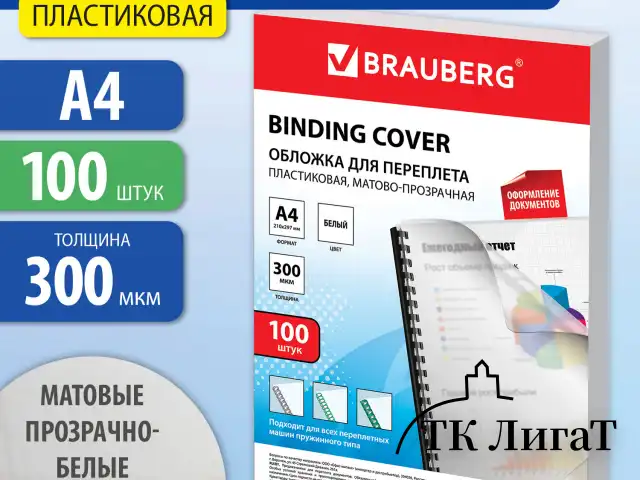 Обложки пластиковые для переплета, А4, КОМПЛЕКТ 100 шт., 300 мкм, белые, BRAUBERG, 530939