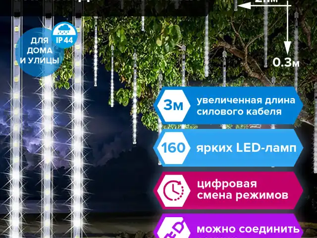 Электрогирлянда-занавес уличная "Сосульки" 2,1х0,3 м, 160 LED, холодный белый, 220 V, ЗОЛОТАЯ СКАЗКА, 591340