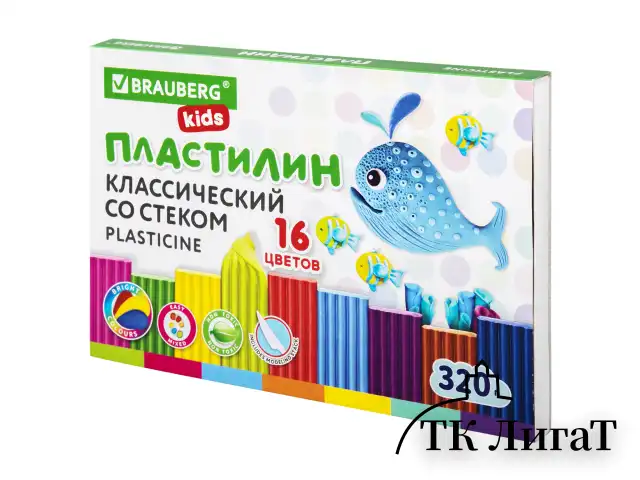 Пластилин классический BRAUBERG KIDS, 16 цветов, 320 г, со стеком, 106508