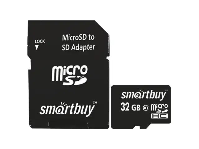 Карта памяти micro SDHC, 32 GB, SMARTBUY, 10 Мб/сек. (class 10), с адаптером, SB32GBSDCL10-01