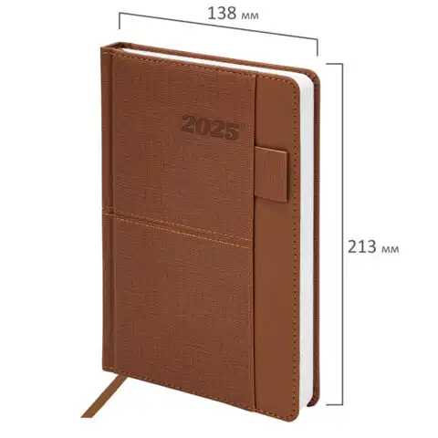 Ежедневник датированный 2025 А5 138х213мм BRAUBERG Pocket,под кожу, карм, держатель для ручки, коричневый, 115908