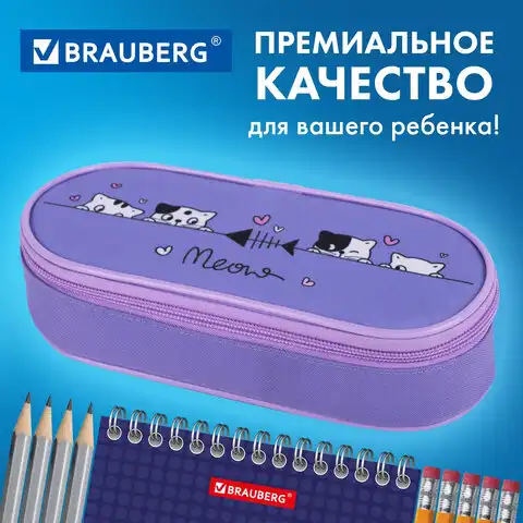 Пенал-футляр BRAUBERG, 1 отделение, органайзер, полиэстер, 22x9х5 см, Meow, 272312
