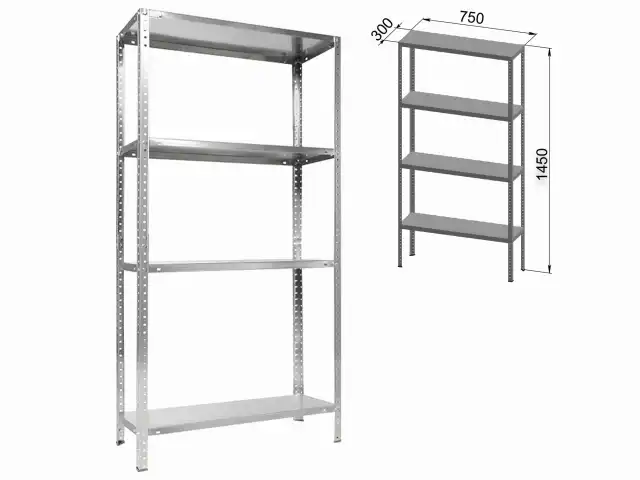 Стеллаж металлический ПРАКТИК "ES" облегченный (1450х750х300 мм), 4 полки, оцинкованная сталь, S24099033458