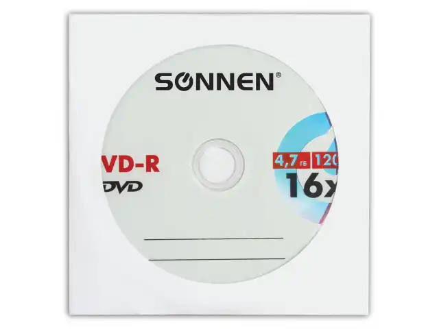 Диск DVD-R SONNEN, 4,7 Gb, 16x, бумажный конверт (1 штука), 512576