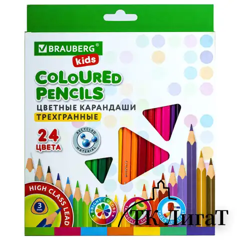 Карандаши цветные BRAUBERG KIDS, 24 цвета, трехгранный корпус, грифель мягкий 3 мм, 181944