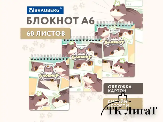 Блокнот МАЛЫЙ ФОРМАТ А6 108х145 мм, 60 л., гребень, картон, клетка, кросс-серия "МИЛЫЕ КОТЫ", BRAUBERG, 116987