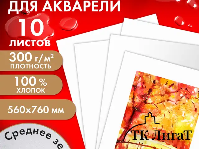 Бумага для акварели ХЛОПОК 100%, 300 г/м2, 560x760 мм, среднее зерно, 10 листов, BRAUBERG ART "PREMIERE", 113236
