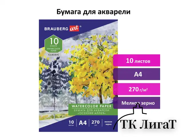 Папка для акварели А4, 10л., 270 г/м2, мелкое зерно, BRAUBERG ART CLASSIC, "Осенняя аллея", 114397