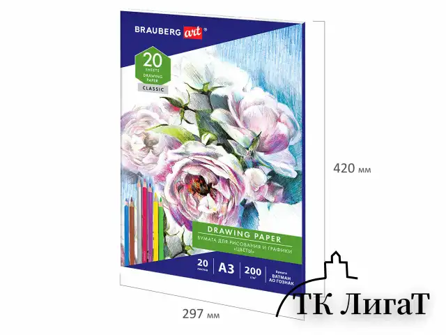 Бумага для рисования и графики в папке БОЛЬШАЯ А3, 20 л., 200 г/м2, ВАТМАН ГОЗНАК, BRAUBERG ART CLASSIC, 114491
