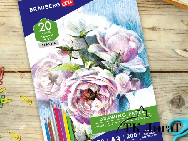 Бумага для рисования и графики в папке БОЛЬШАЯ А3, 20 л., 200 г/м2, ВАТМАН ГОЗНАК, BRAUBERG ART CLASSIC, 114491