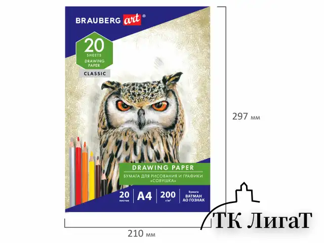 Бумага для рисования и графики в папке А4, 20 л., 200 г/м2, ВАТМАН ГОЗНАК, BRAUBERG ART CLASSIC, 114492