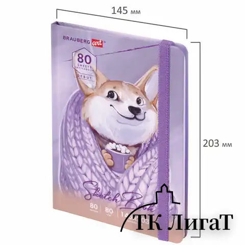 Скетчбук, белая бумага 80 г/м2, 145х203 мм, 80 л., резинка, твердый, BRAUBERG ART DEBUT "Корги", 114579