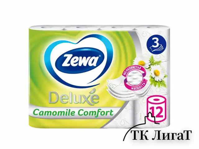 Бумага туалетная 3-х слойная 12 рулонов (12х18 м), С АРОМАТОМ РОМАШКИ, ZEWA Deluxe, 53613
