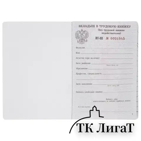 Бланк документа "Вкладыш в трудовую книжку", 88х125 мм, ГОЗНАК