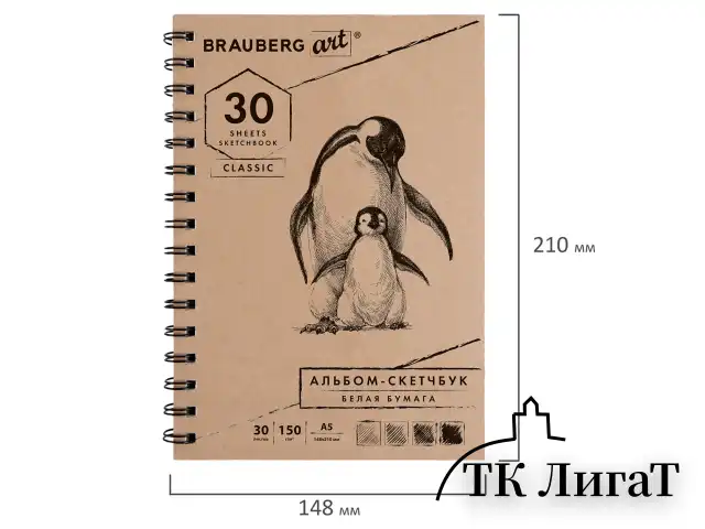 Скетчбук, белая бумага 150 г/м2, 148х210 мм, 30 л., гребень, BRAUBERG ART CLASSIC, 128950